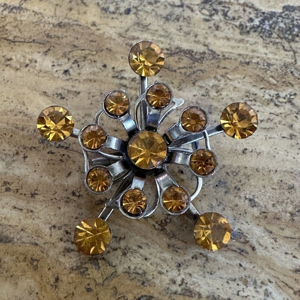 Vintage 1950s Starburst Brooch 1.5 Inch Yellow Gold Rhinestones Stainless Steel
